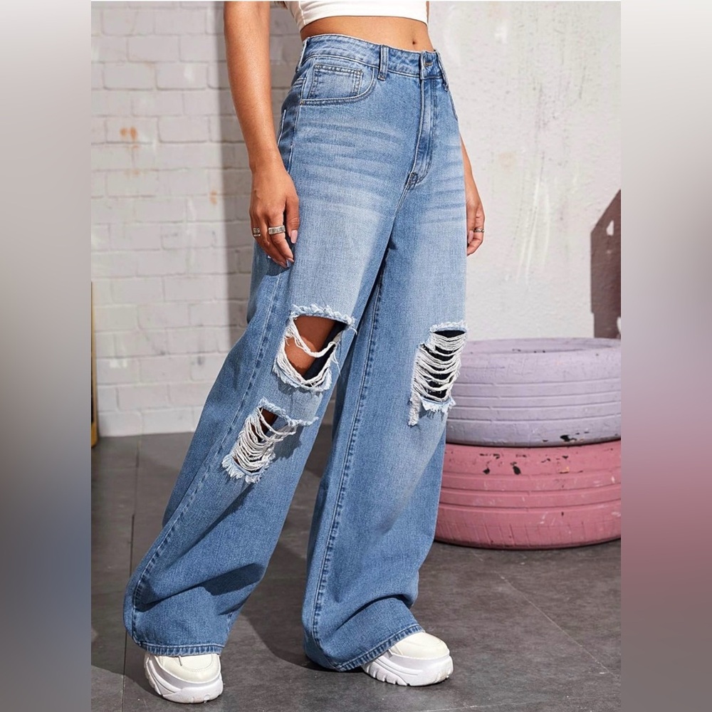 SweatyRocks Distressed Wide Leg Jeans High Rise Ripped Baggy Denim - Picture 3 of 3